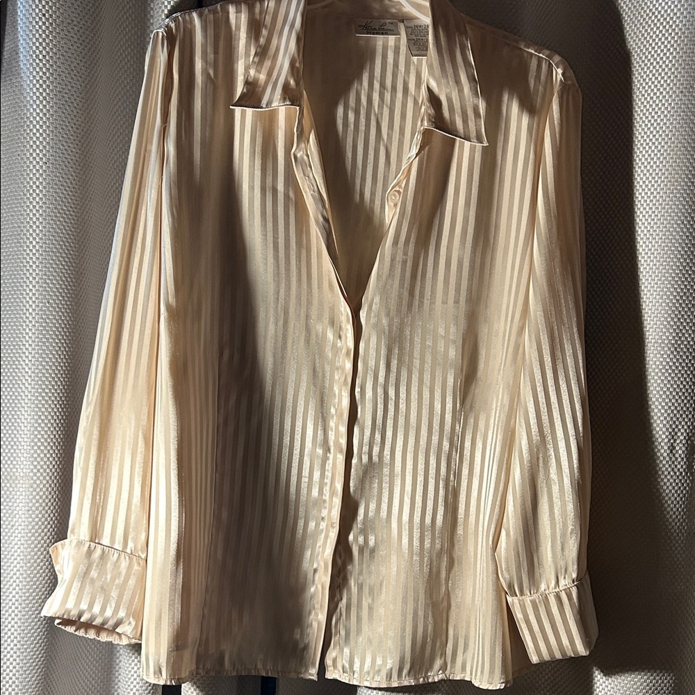 Kathie Lee Silky Striped Cream Button-Up Blouse